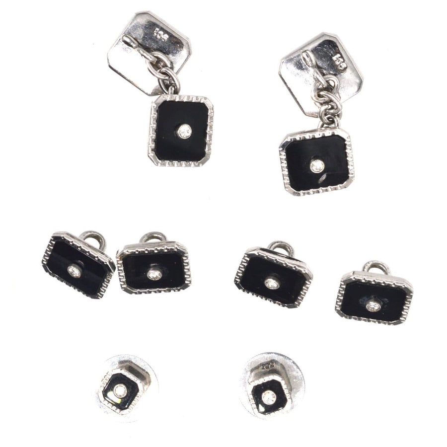 Art Deco dress set featuring onyx and diamond accents in 9ct white gold, including cufflinks and studs.