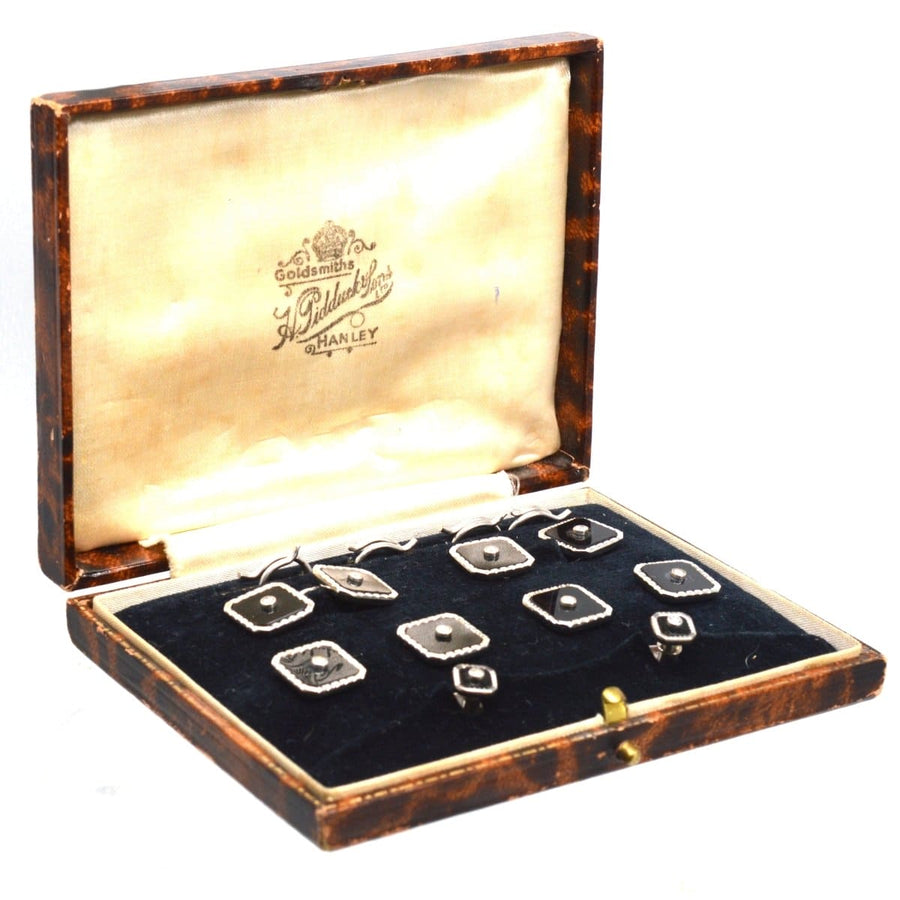 Art Deco 9ct white gold dress set featuring onyx and diamonds in original Henry Pidduck & Sons case.