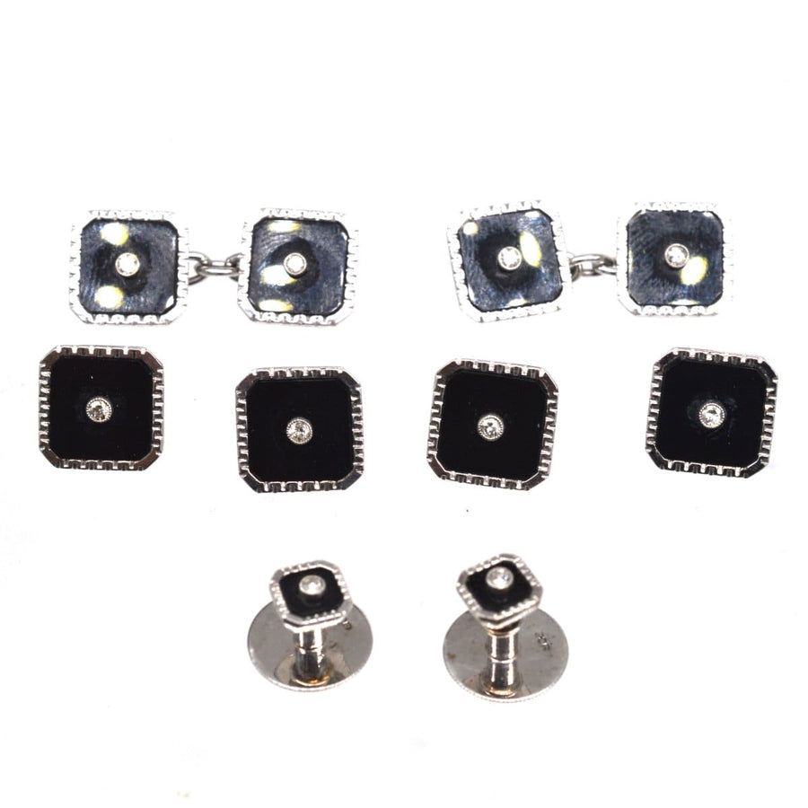 Art Deco 9ct white gold dress set featuring onyx and diamond cufflinks in original case.