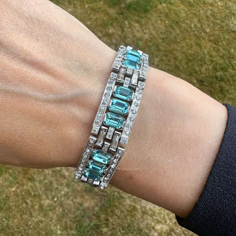 Art Deco Chrome White and Aquamarine Paste 手链 |Parkin andGerrish | 古董首饰