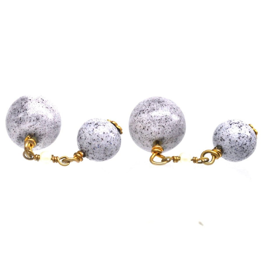 Art Deco speckled grey-blue glass beads with gold-tone accents for cufflinks, perfect for men's vintage style.