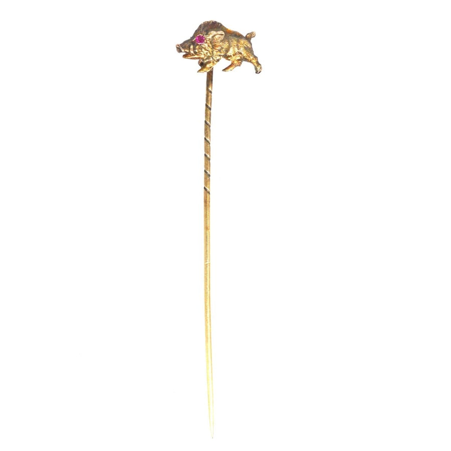 14ct gold wild boar tie pin with ruby eyes, elegant and unique accessory for men, symbol of bravery.