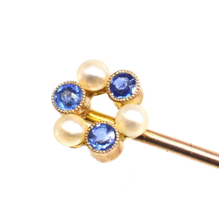 Edwardian 9ct gold tie pin featuring sapphires and pearls, perfect gift for weddings and special occasions.