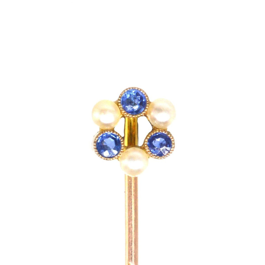 Edwardian 9ct gold tie pin with sapphires and pearls, perfect wedding gift from the 1910s.
