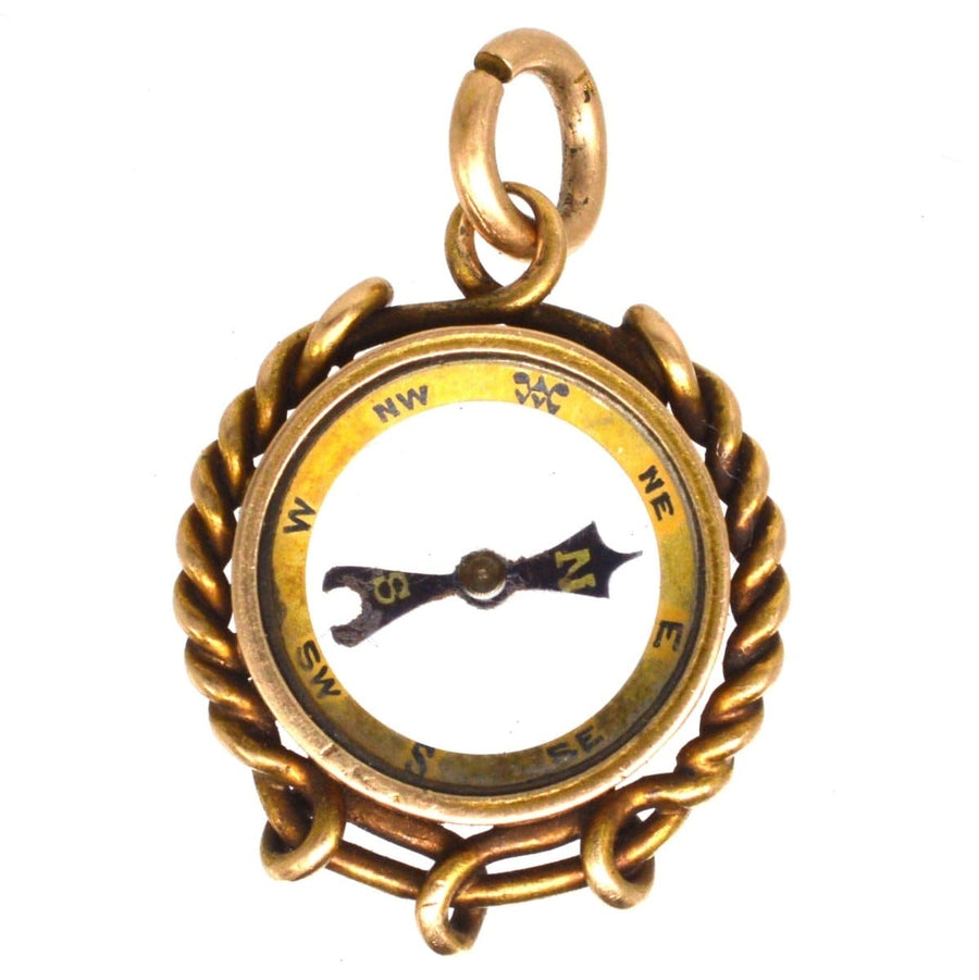 Late Victorian 9ct gold compass pendant charm with a rope design and spinning needle, perfect for maritime lovers.