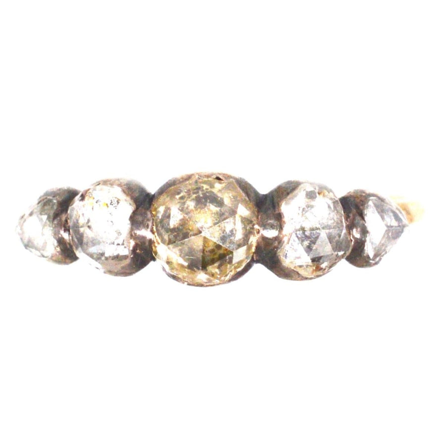 Regency Silver and Gold five-stone rose cut diamond antique ring, perfect for elegant engagement or antique jewelry collection.