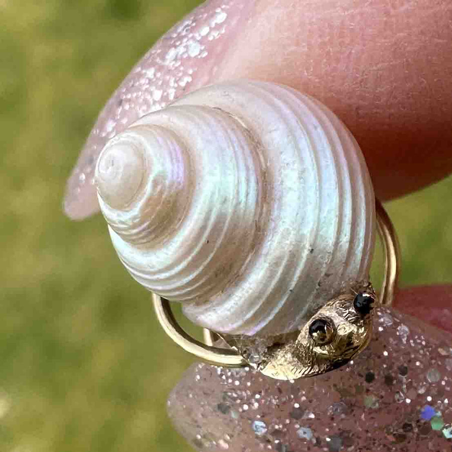 维多利亚时期的小巧 18K 金蜗牛胸针别针，饰有天然海螺和黑色珐琅眼睛。