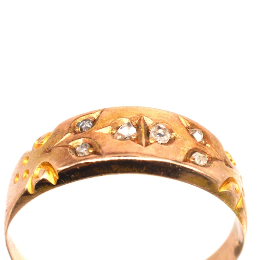 Victorian 15ct gold band ring featuring rose cut diamonds, fully hallmarked Birmingham 1892, perfect for engagement or wedding.