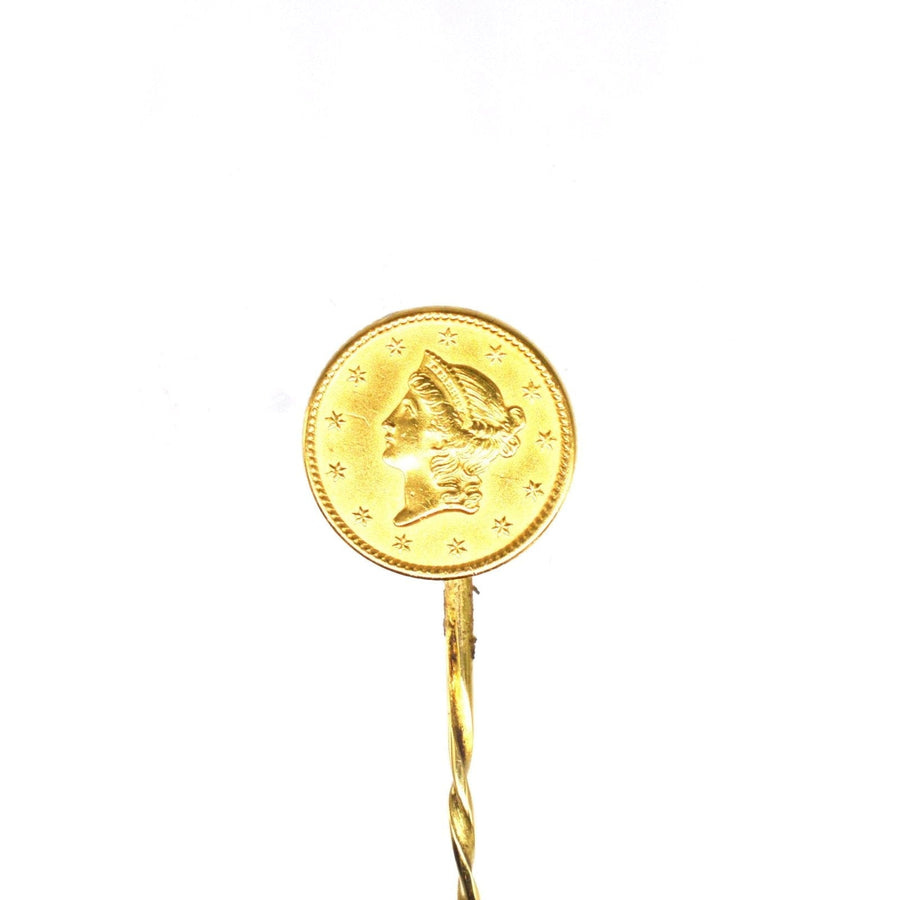 19 世纪美国黄金 1 美元自由女神头像硬币领带别针，是丝质领带和翻领的完美选择，具有标志性的自由女神头像设计。