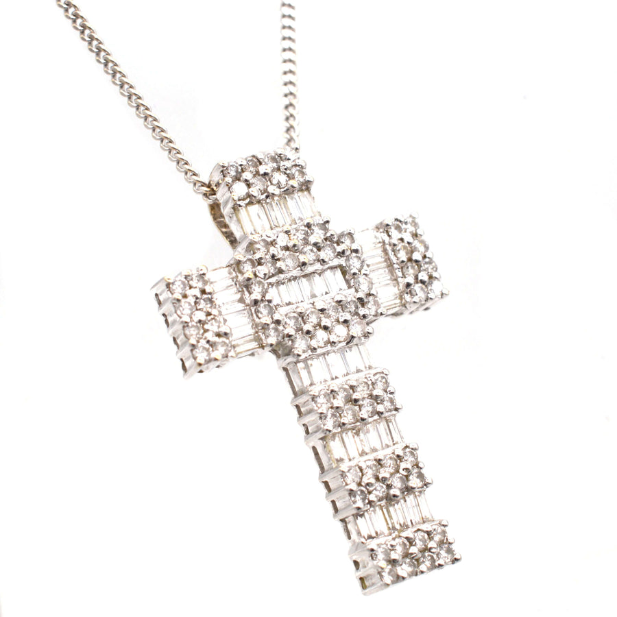 Vintage 1990s 18ct white gold cross pendant with 3 carats of dazzling diamonds on a chain.