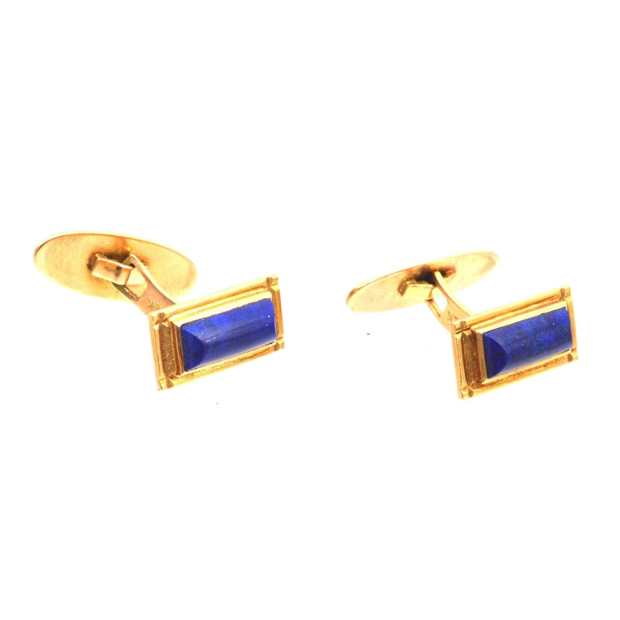 Aarre and Krogh 制作的丹麦 14K 金长方形青金石复古袖扣，彰显经典优雅。