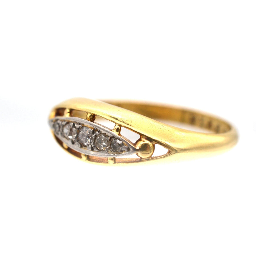 爱德华时代 18K 金和铂金船形戒指，镶嵌五颗钻石，约 1900 年 - 永恒的复古珠宝。