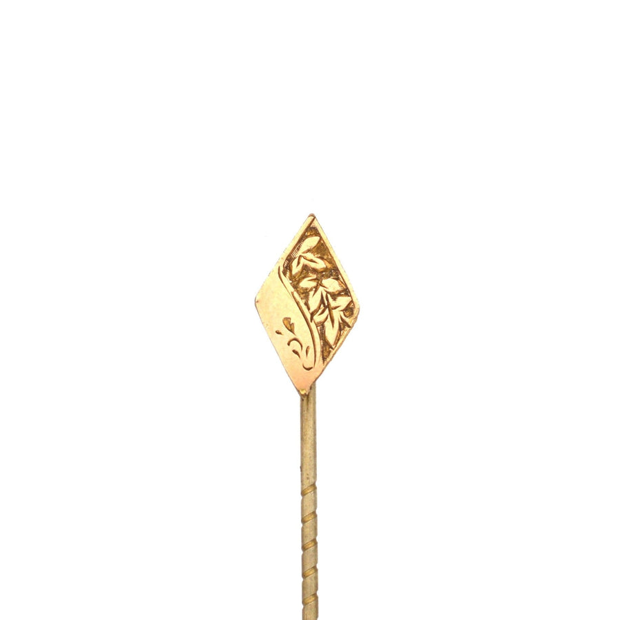 Elegant Edwardian 9ct gold engraved diamond-shaped tie pin, perfect for adding style to ties or lapels.