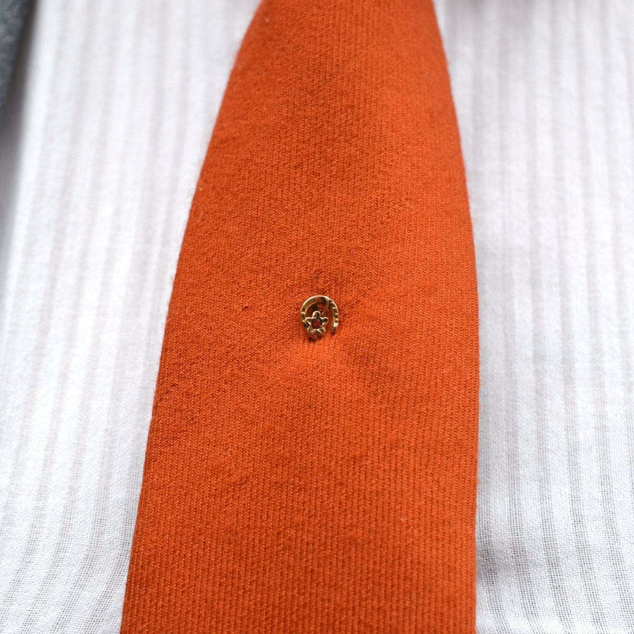 橘色领带上的 9K 金马蹄铁和花石榴石领带别针，象征着好运和保护。