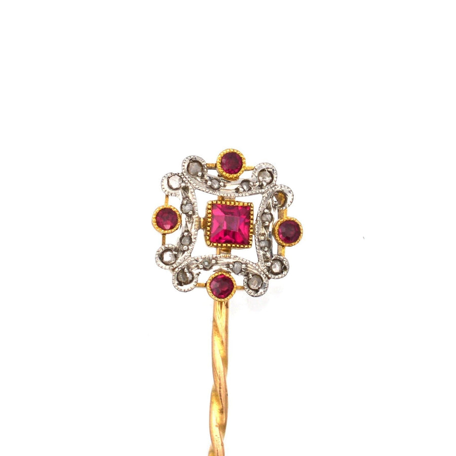 French Belle Époque 18ct gold & platinum ruby diamond tie pin with intricate design and exquisite craftsmanship.