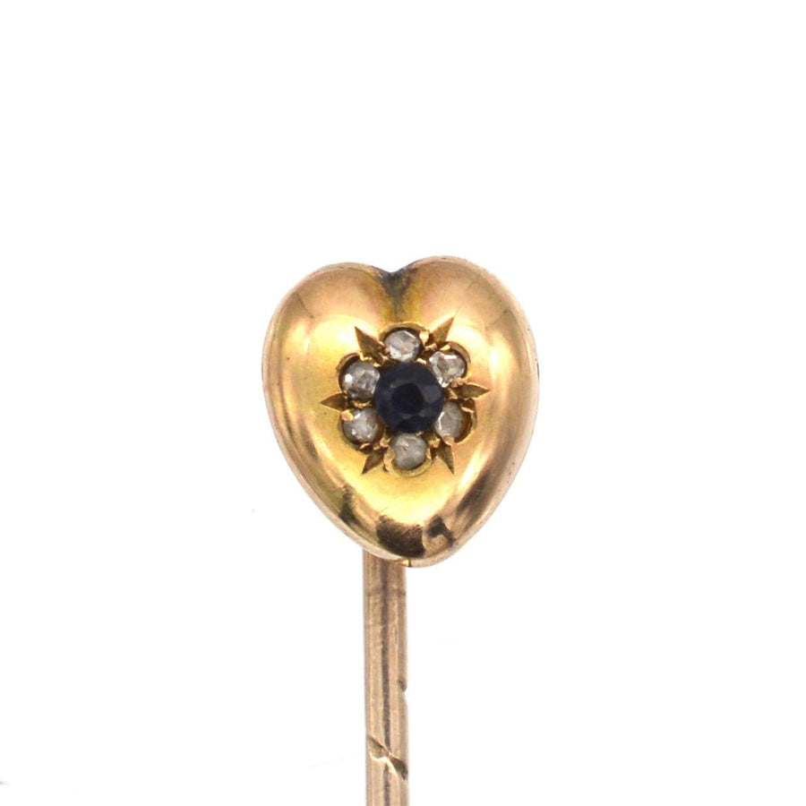 15ct gold heart tie pin with diamond and sapphire accents, vintage item from the 1890s, perfect Valentine's Day gift.